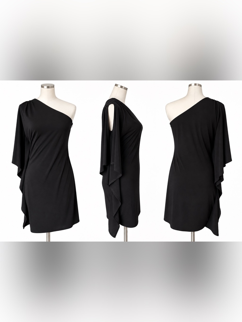 Calvin Klein Black One Shoulder Draped Cape Sleeve Dress 6